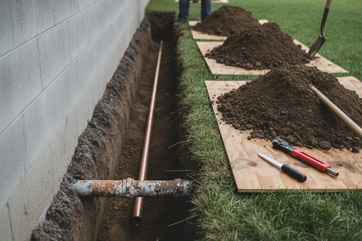 Excavated water line trench during Water Softener Installation in Ringwood